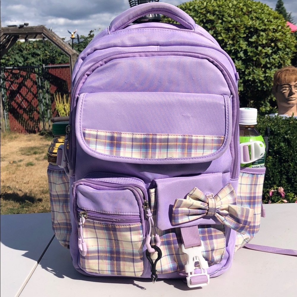 Girl’s Lavender Plaid Bow Backpack - Cute School Bag Sz 16”X13”X7 1/2”